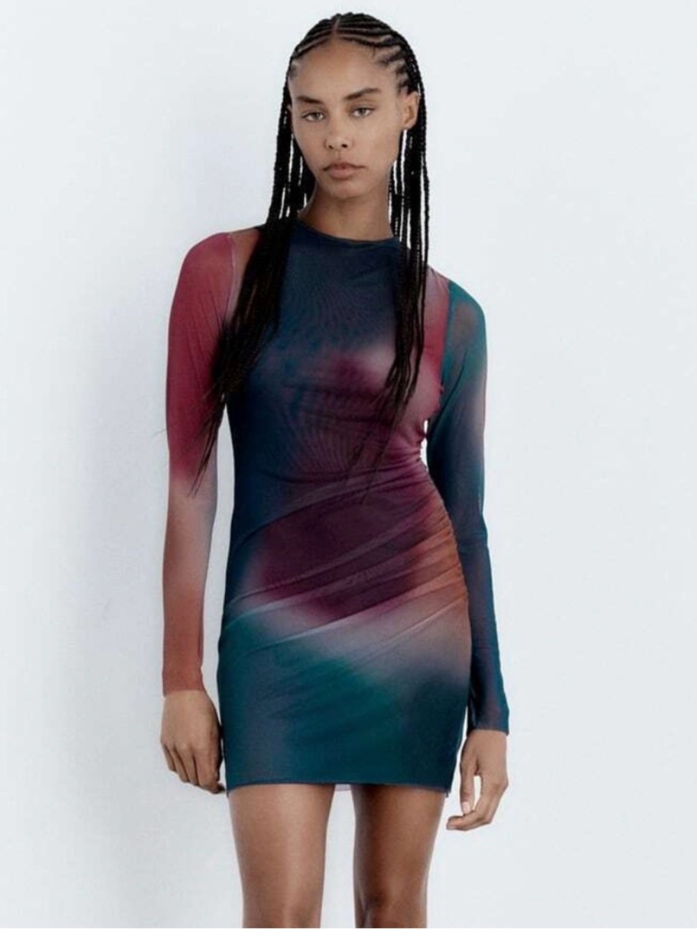 Zara Long-Sleeve Gradient Mini Dress in Teal & Burgundy